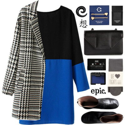 A fashion look from December 2014 featuring long sleeve color block dress, long coat and grey stockings. Browse and shop related looks.