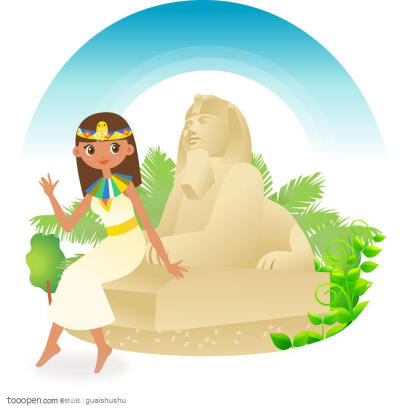 国家卡通插画女孩 埃及狮身人面像上的埃及艳后传统服饰