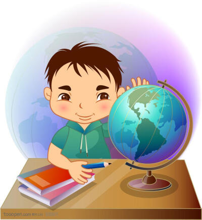 手绘在书桌前拿着铅笔观察地球仪的小男孩