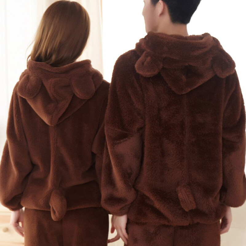 冬季加厚法兰绒卡通灰熊情侣睡衣