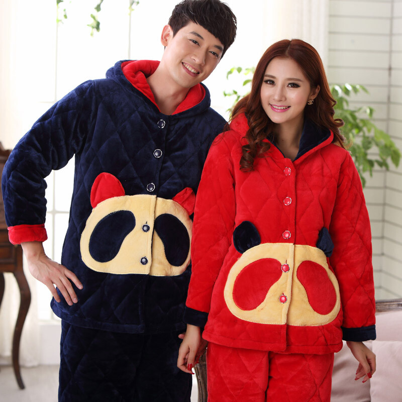冬季卡通情侣法兰绒夹棉睡衣套装