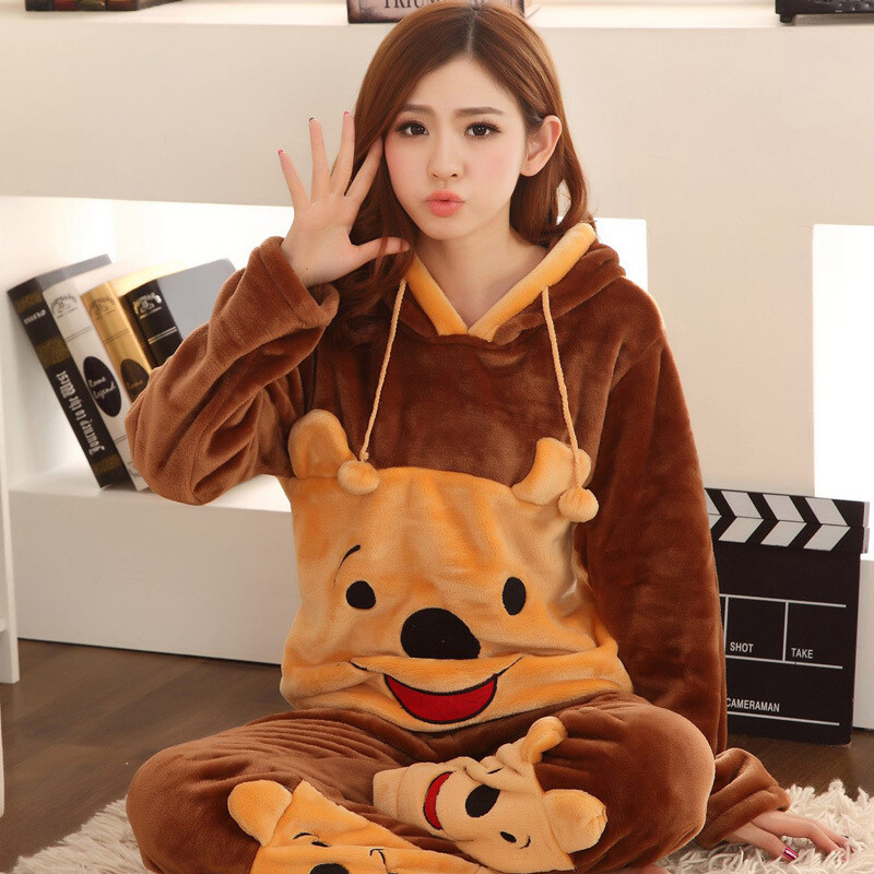 冬季卡通维尼熊法兰绒家居服套装睡衣