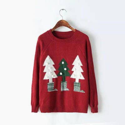 V491 复古圣诞树可爱毛球球 圆领套头插肩长袖宽松针织毛衣 2色