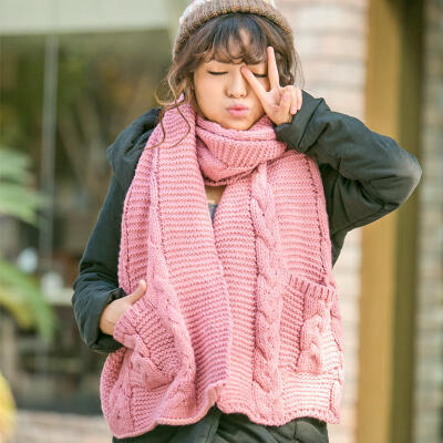韩国冬季女士超长大口袋针织毛线围巾 韩版纯色加厚保暖麻花围脖