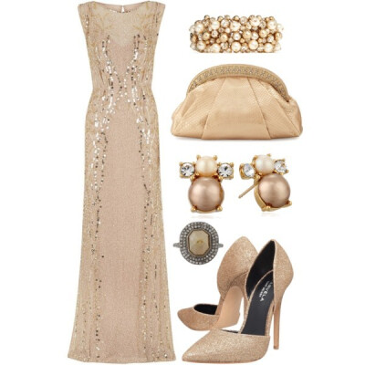 A fashion look from December 2014 featuring beaded dress, gold shoes and snake print handbag. Browse and shop related looks.