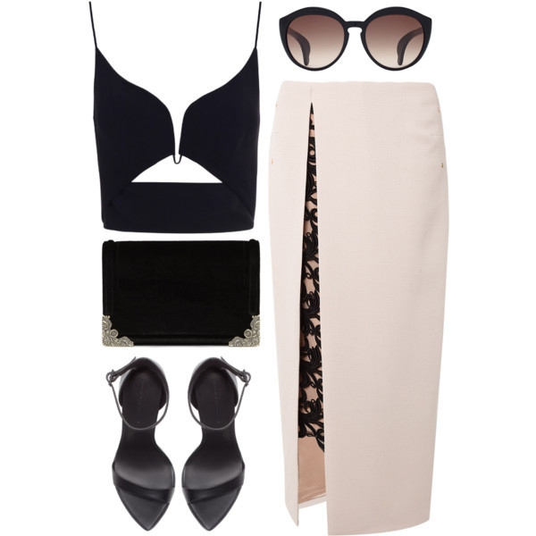 A fashion look from December 2014 featuring black shirt, pencil skirt and black sandals. Browse and shop related looks.