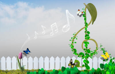 绿色自然与音乐-叶子音符和白色栅栏