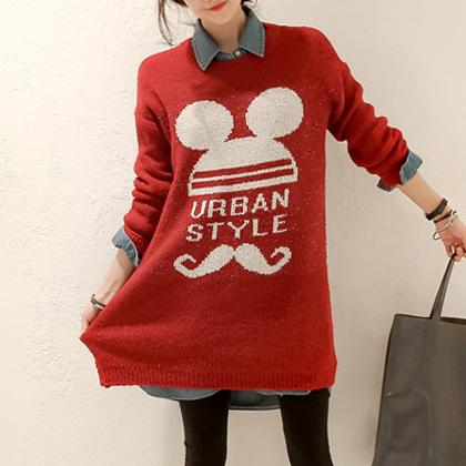 现货韩国女装冬装韩版中长款米奇胡子针织毛衣