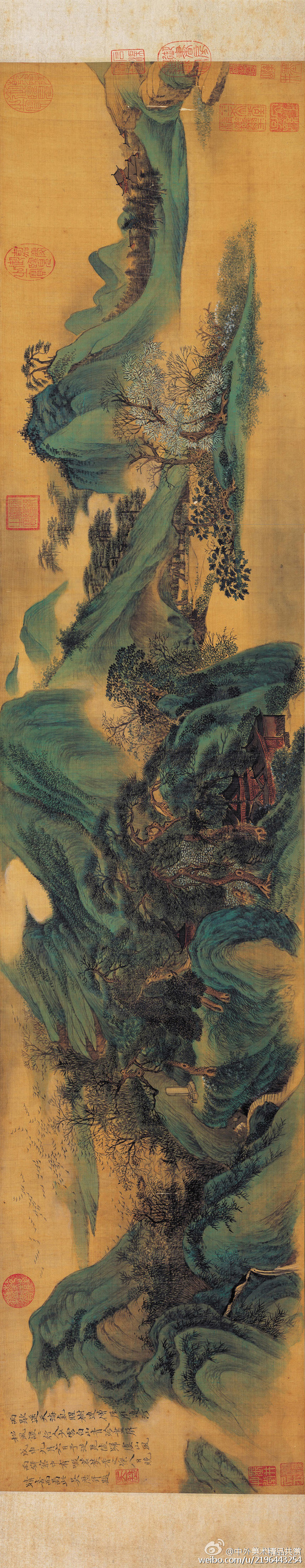 清 吳歷《雲白山青圖卷》——絹本設色，25.9 × 117.2 釐米，現藏台北故宮博物院。此畫以青綠重色畫成，龍脈曲折蜿蜒，群峰環翠，富節奏變化；用筆皴擦鉤勒，錯綜複雜；畫中造境入妙，濃淡佈置得宜，青綠設色盡情，卻不掩墨筆的揮灑，可說突破傳統力作。