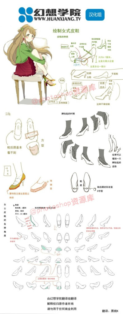 各式各样的日常鞋子的画法（平底便鞋、运动鞋、高跟皮鞋、靴子以及木屐~）~图片较大~查阅大图学习更清晰~转需学习吧~