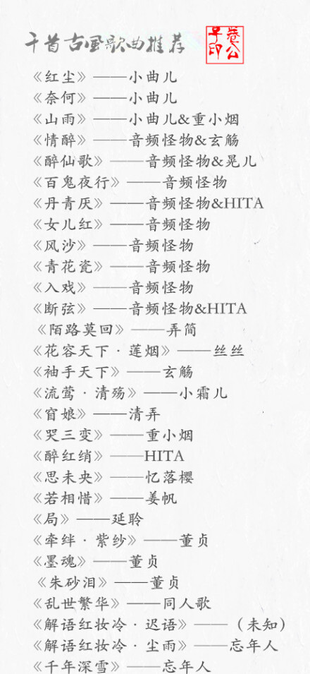 【好听的古风歌曲】「千首古风歌曲推荐」 卷一 ´•ω•`丨 整理的也是醉了 先收下 .... ๑¯ω¯๑ 【听过的：1、青花瓷-周杰伦（天青色等烟雨 而我在等你 炊烟袅袅升起 隔江千万里 在瓶底书刻隶仿前朝的飘逸 就当我为遇见你伏笔……）。2、若相惜-姜帆（多少离恨昨夜梦回中，画梁呢喃双燕惊残梦……），都是很好听的曲子，其他的还木有听，先收着，以后有时间去听】1。曦 @晨曦小径