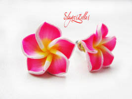 Pink polymer clay flowers post earrings by Benia1991