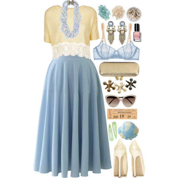 A fashion look from April 2014 featuring embroidered shirts, blue pleated skirt and underwire bra. Browse and shop related looks.