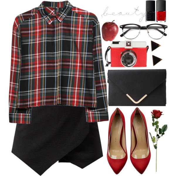 A fashion look from December 2014 featuring red top, black wrap skirt and satin pumps. Browse and shop related looks.