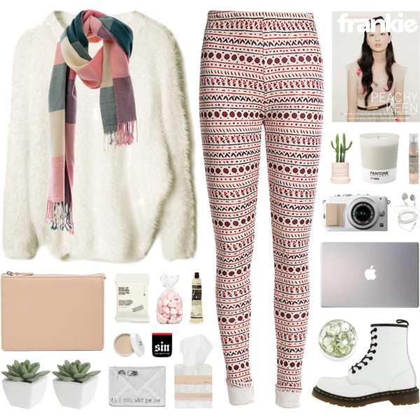 A fashion look from December 2014 featuring white jumper, christmas leggings and white knee high boots. Browse and shop related looks.