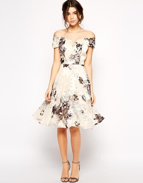 Image 1 of?Chi Chi London Premium Oversize Mono Floral Midi Dress With Bardot Neck