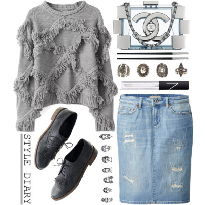 A fashion look from December 2014 featuring sweater pullover, denim pencil skirt and low heel shoes. Browse and shop related looks.