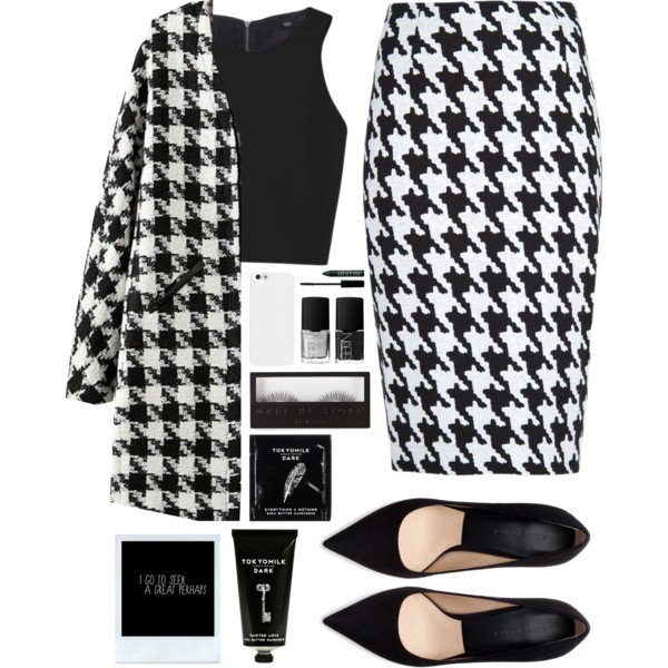 A fashion look from April 2014 featuring sleeveless tops, houndstooth coat and pencil skirt. Browse and shop related looks.