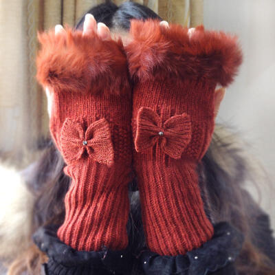 卡兰薇 蝴蝶结款半指手套 韩版秋冬季女士可爱兔毛口保暖红色毛线