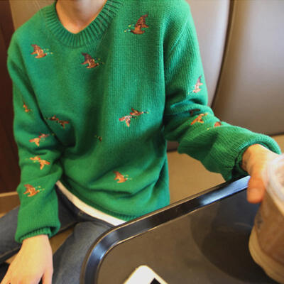 冬装韩版刺绣卡通可爱绿色套头毛衣 清新森女日系复古针织衫