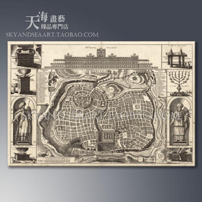 耶路撒冷素描手绘地图美克美家复古 客厅现代装饰画挂画墙画壁画