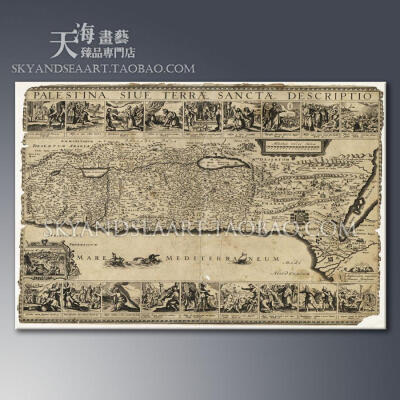 羊皮纸古代地图手卷素描美克美家宗教耶路撒冷装饰画挂画墙画壁画