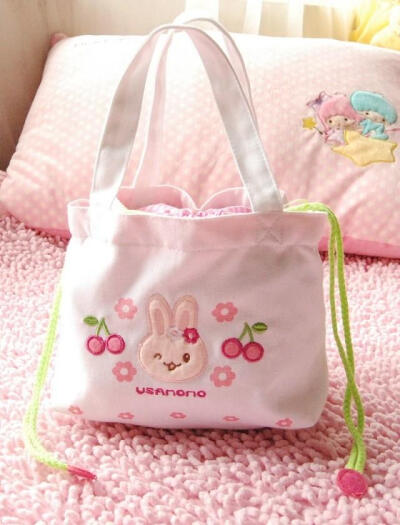 mother garden粉~可爱的樱桃MOMO兔 收纳袋 便当包 化妆包 便当包