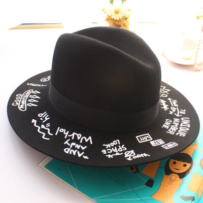  韩国官网Stylenanda黑色字母涂鸦帽檐毛呢礼帽渔夫帽