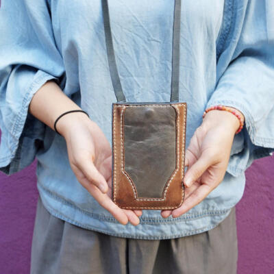 独立设计Mell 手缝复古银拼植鞣皮手机包零钱包卡套 真皮