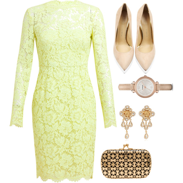 A fashion look from December 2013 featuring floral pencil dress, platform pumps and gold purse. Browse and shop related looks.