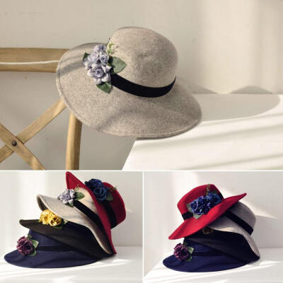 AMZ精致花朵织带装饰 高端羊毛呢帽 圆顶平檐韩版礼帽女特别推荐