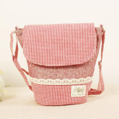 清新格子斜跨布艺包 女 圆桶 单肩小布包 蕾丝修饰碎花森女包