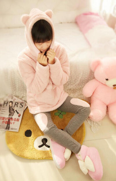 冬季加厚熊耳朵紧身护膝裤可爱睡衣套装女珊瑚绒保暖家居服