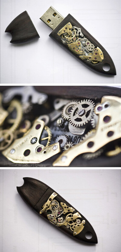 漂亮的蒸汽朋克风格U盘：这是一组富于创意的设计，一组蒸汽朋克风格的U盘，如果你是机器迷，是不是眼前一亮的感觉？