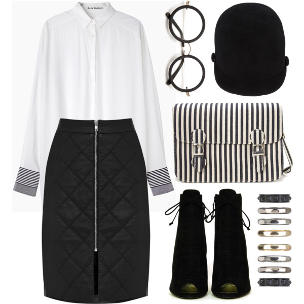 A fashion look from February 2014 featuring white button down shirt, black pencil skirt and lace up booties. Browse and shop related looks.