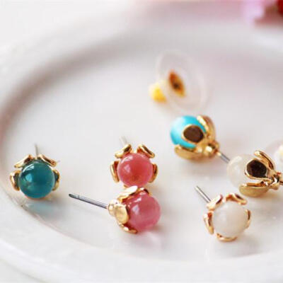 fancy jewelry复古多色猫眼石小耳钉 Vintage出口日韩