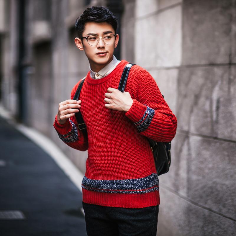 秋冬韩版男装加厚男士套头款毛衣针织衫红色