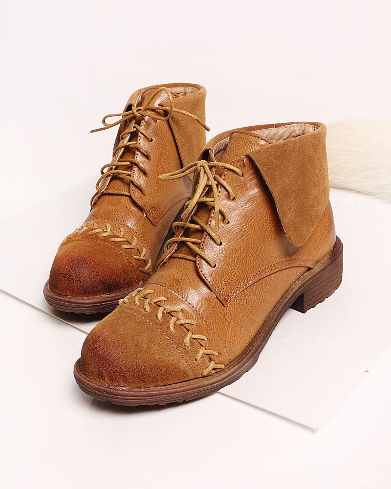 复古做旧拼接圆头休闲百搭短筒女靴子 真皮鞋头翻边系带时尚女鞋