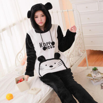 秋冬珊瑚绒睡衣加厚法兰绒可爱版公主睡衣女冬季连帽熊家居服