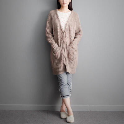 麻歌HA063 文艺素色长款森女系百搭保暖羊毛外套开衫毛衣