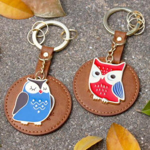 原品生活 猫头鹰皮革钥匙扣－红蓝 创意情侣车钥匙扣钥匙圈