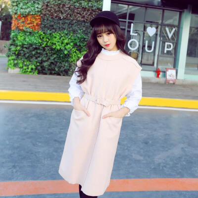 2015韩版女装早春装时尚百搭无袖中长款毛呢连衣裙