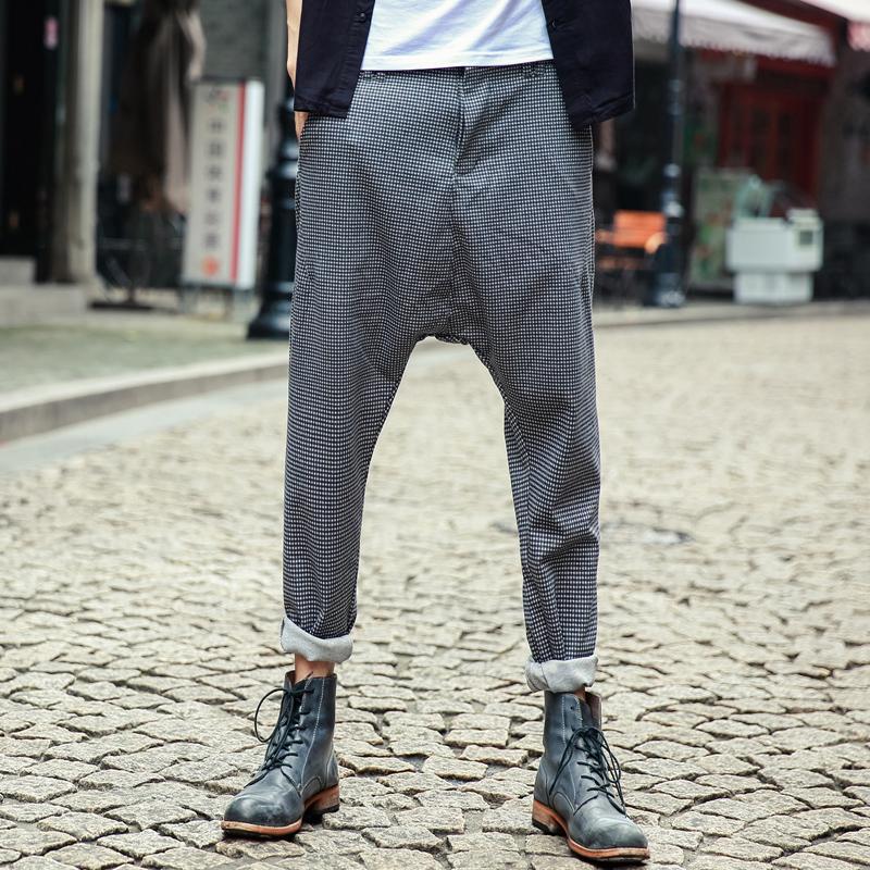 大牌设计 街拍潮款男士掉档跨裤哈伦裤 英伦型男千鸟格休闲裤长裤