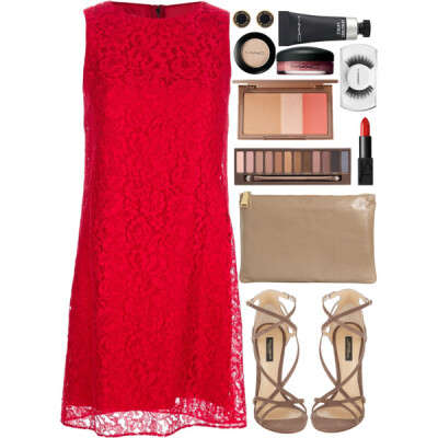 A fashion look from January 2015 featuring red cocktail dress, taupe shoes and envelope clutch. Browse and shop related looks.