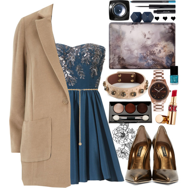 A fashion look from January 2015 featuring strapless cocktail dress, long sleeve coat and heels stilettos. Browse and shop related looks.