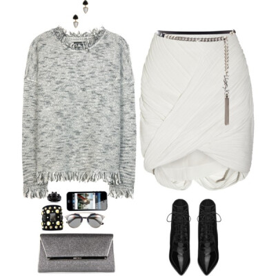 A fashion look from January 2015 featuring gray sweater, wrap around skirt and lace up bootie. Browse and shop related looks.