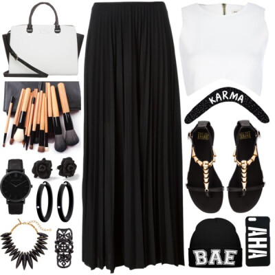 A fashion look from December 2014 featuring cream sleeveless top, black elastic waist skirt and ankle wrap sandals. Browse and shop related looks.