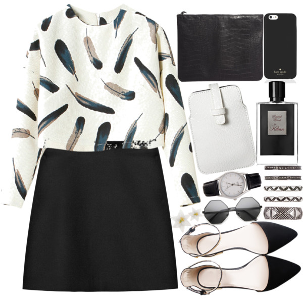 A fashion look from October 2014 featuring crop shirts, black skirt and flat shoes. Browse and shop related looks.