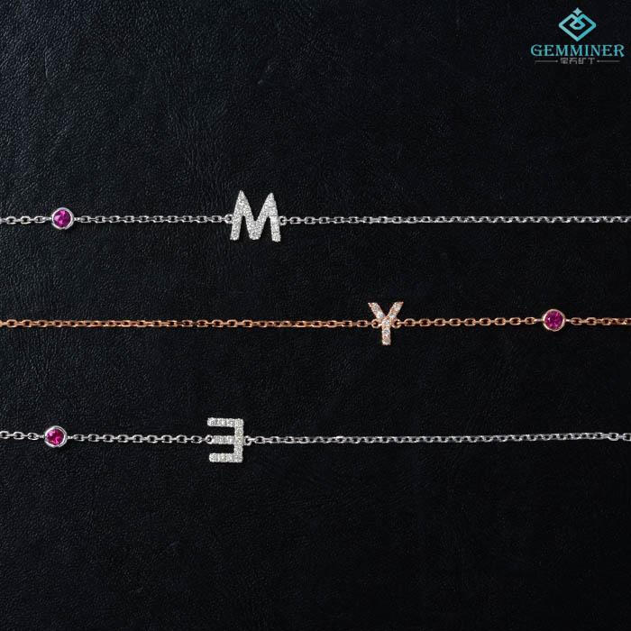 宝石矿工 18k玫瑰金钻石手链 白金天然红宝石碧玺字母钻石手镯