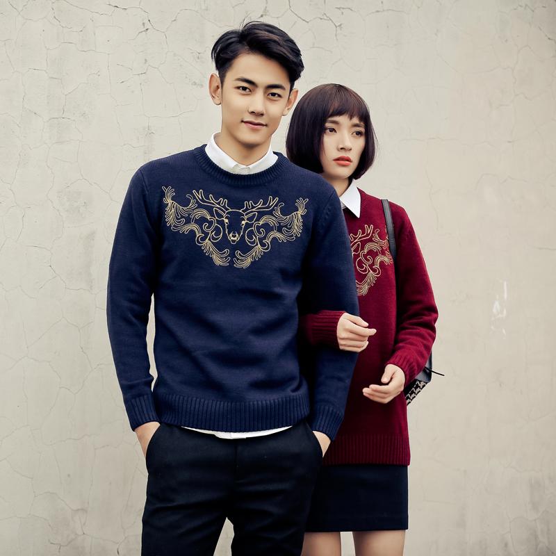 Only Style 气质款！清新典范小鹿金线刺绣男女情侣毛衣线衫潮